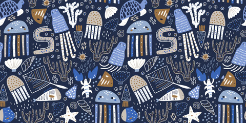Seamless pattern with cute marine inhabitants. Creative childish navy undersea background. Perfect for kids apparel,fabric, textile, nursery decoration,wrapping paper.Vector Illustration