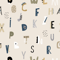 Abstract dino abc cartoon seamless pattern. Cute dino style letters beige background. Perfect for wallpaper, textile, apparel. Vector illustration