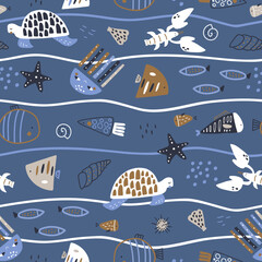 Obraz premium Seamless pattern with cute fish, octopus, ramp fish,turtle lobster. Creative childish navy vector undersea background. Perfect for kids apparel, fabric, textile, nursery decoration, wrapping paper.