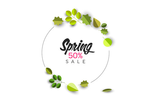 Spring green leafs  sale tag layout template