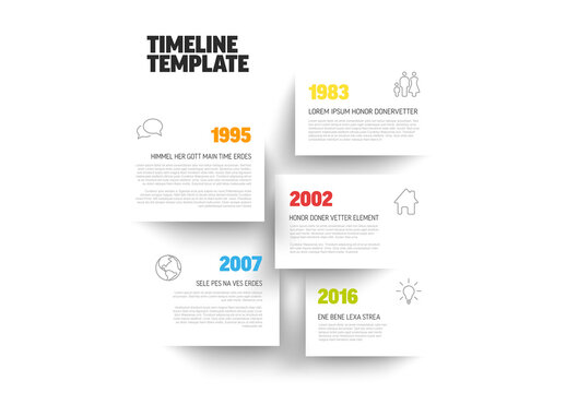 Simple minimalistic vertical timeline template on white paper blocks with shadows