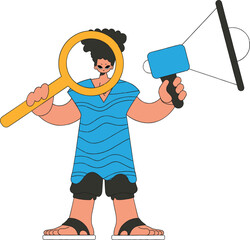 A guy with a megaphone, symbolizing the search for people in the labor market. Recruitment and search of personnel.