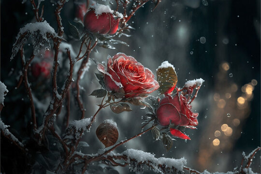 Fantasy Vintage Classic red roses bouquet and snow ice on blurred background.Generative AI..