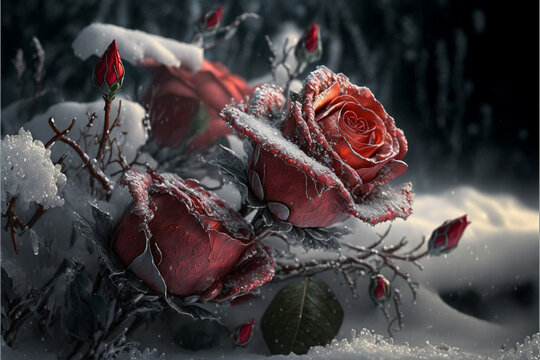 Fantasy Vintage Classic red roses bouquet and snow ice on blurred background.Generative AI..