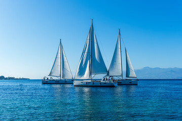 sailing yacht boats with white sails in blue sea , seascape of beautiful ships in sea gulf with...