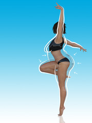 Conceptual fat overweight obese female vs slim fit healthy body after weight loss or diet with white outline and pointing arrows on blue. A  fitness, nutrition or obesity, health shape 3D illustration