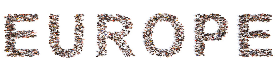 Concept or conceptual large community of people forming EUROPE word. 3d illustration metaphor for european connections in culture, economy, politics, history, travel and business