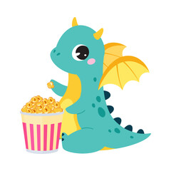 Cute Turquoise Little Dragon with Wings Eating Popcorn Vector Illustration
