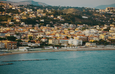 Beach and the town of Scauri in Italy.