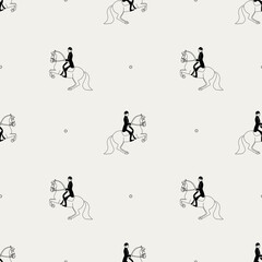 Black and white Seamless pattern. Repetitive texture with hand drawn riders and horses. 