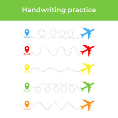 Handwriting practice sheet with airplane. Educational children game. Tracing lines. Early education worksheet for kids