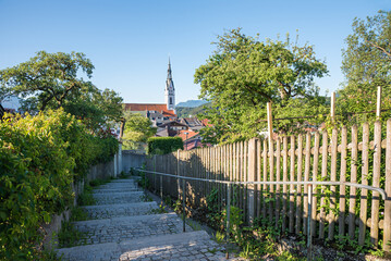 way downstairs from calvary hill Bad Tolz. with view to the church. tourist resort upper bavaria