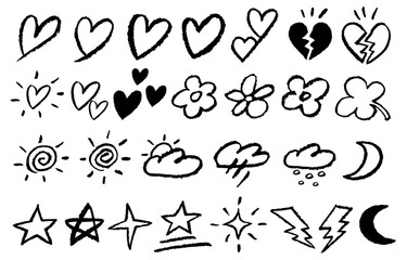 Hearts, flowers and weather icons,
하트와 꽃, 기상 아이콘들