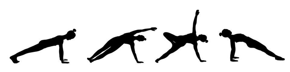 Yoga poses collection. Black shadow. Female woman girl. Vector illustration in cartoon flat style isolated on white background.
