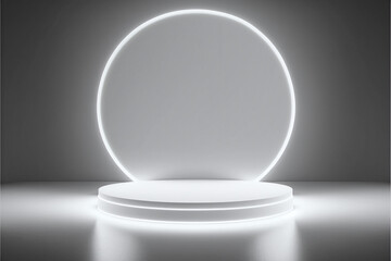 Showcase in sleek neon white, modern minimalist product display stage pedestal with glowing background, 3d illustration.