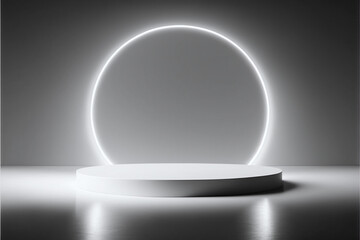 Neon white blank showcase, mockup product display stage pedestal with glowing background, 3d illustration.