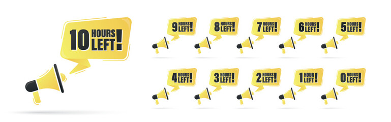 Countdown 0, 1, 2, 3, 4, 5, 6, 7, 8, 9, 10 hours left label or emblem set. Hours left counter icon with hour glass promotion, promo offer. Flat badge with number of count down time.