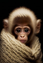  Cute baby monkey portrait on black background.  Generative AI.