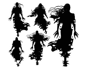 set of silhouettes of Halloween Ghosts and monsters with torn clothes