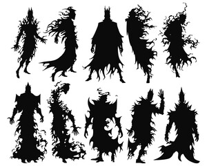 set of silhouettes of Halloween Ghosts and monsters with torn clothes