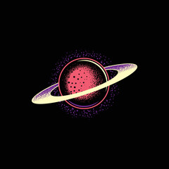 Original vector illustration in neon style. A planet in space. A design element. T-shirt or sticker design.