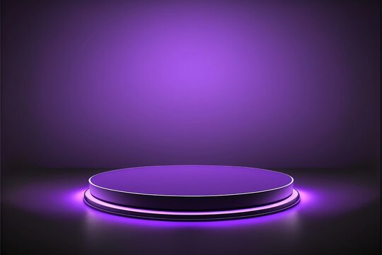 Purple neon showcase, mockup round product display stage with violet minimalist background, 3d illustration.
