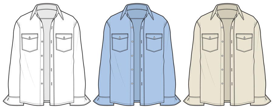 Mens Long Sleeve Shirt Flat Sketch Vector Technical Cad Drawing Template