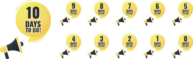 Number 0, 1, 2, 3, 4, 5, 6, 7, 8, 9, 10, of days left to go. Collection badges with megaphone sale, landing page, banner.