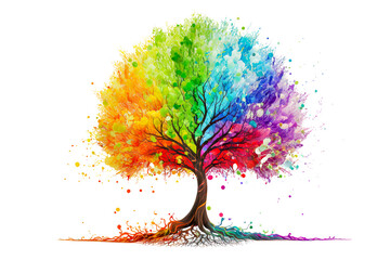 Rainbow tree isolated in front of white background. Generative AI.