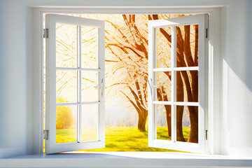  Window with  landscape view.  Open window to the garden. Generative AI.