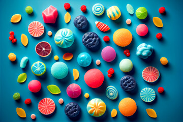 assorted jelly gum fruit candy on blue background top view. Generative AI.