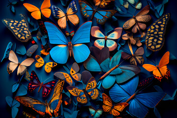 Colored butterflies in different colors on blue background. Generative AI.