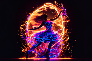 Dancing modern girl moving in colorful neon  light. Generative AI.