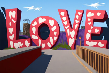 A cityscape featuring the word "love", perfect for Valentine's Day posters. Generative AI.