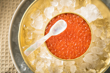 Orange Keta Lachs Kaviar in Dose auf Eis in Glas Schale mit Perlmutt Löffel und Toast Brot auf Serviette hell