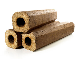 Hollow Hardwood Sawdust Briquettes - Compressed Biomass Wood Fire Logs isolated on white Background