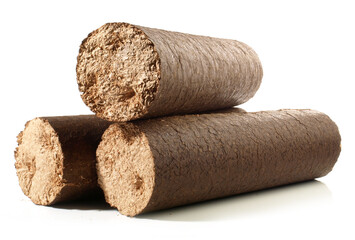 Round Hardwood Sawdust Briquettes - Compressed Biomass Wood Fire Logs isolated on white Background