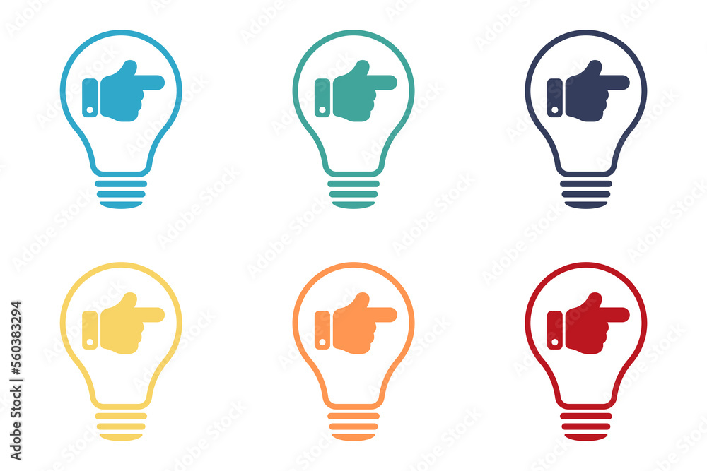 Poster a hand with a finger indicates the direction. idea lamp icons set. flat style - stock vector