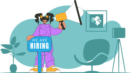 The theme is Human Resource. Woman with a megaphone. labor market.