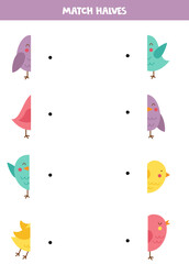 Match parts of cute colorful birds. Logical game for children.