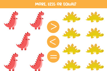 Fototapeta na wymiar More, less, equal with cute cartoon dinosaurs. Math game for kids.