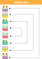 Tracing lines for kids with colorful flowers. Handwriting practice for kids.