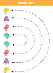 Tracing lines for kids with colorful birds. Handwriting practice.