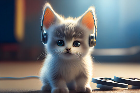 Kitten With Headphones.  Cute Cartoon Kitten.  Generative AI.