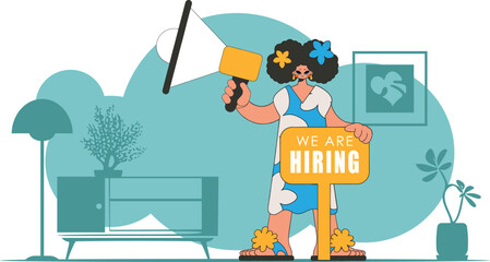 The theme is Human Resource. A girl with a megaphone, symbolizing the search for people in the labor market.