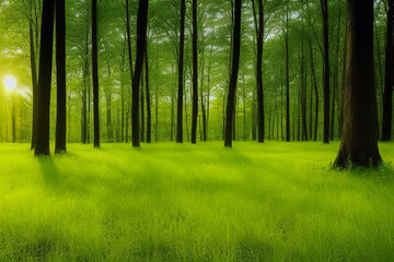 Spring green abstract forest background. Spring or summer and grass field with sunny background. Spring Nature. Beautiful Landscape. Green Grass and Trees