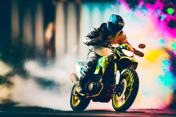 Man riding a motorcycle with splashes of paint. Moto racer.  Generative AI.