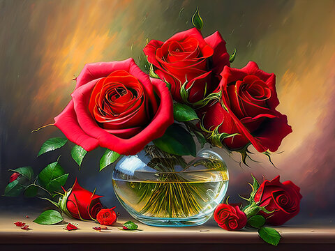 Red rose in vase on table. Still life roses flowers in vase. bouquet of red pink roses over wooden table. Picture oil paints on canvas. image created with generative AI