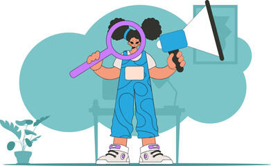 Topic Human resource and recruitment. The girl is holding a megaphone.