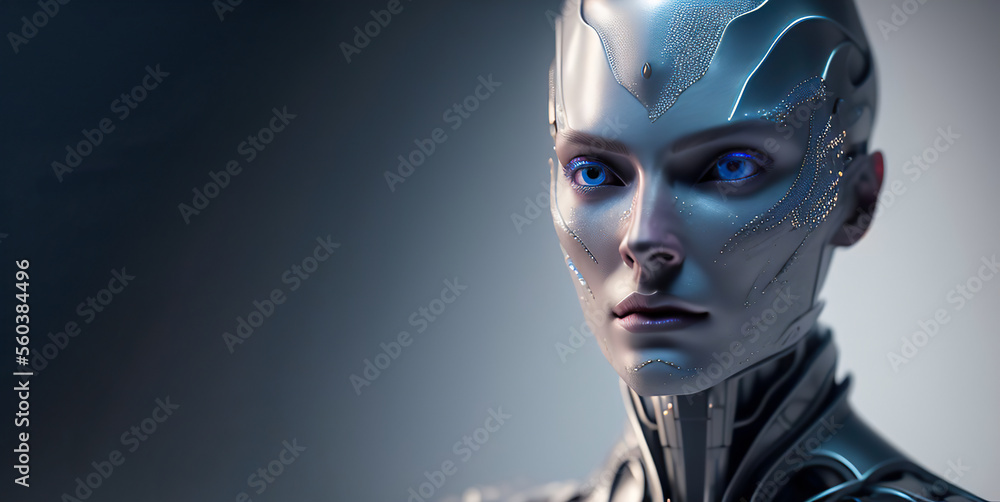 Aufkleber head of anthropomorphic cyborg robot ai. portrait of artificial intelligence. ai learning and artifi